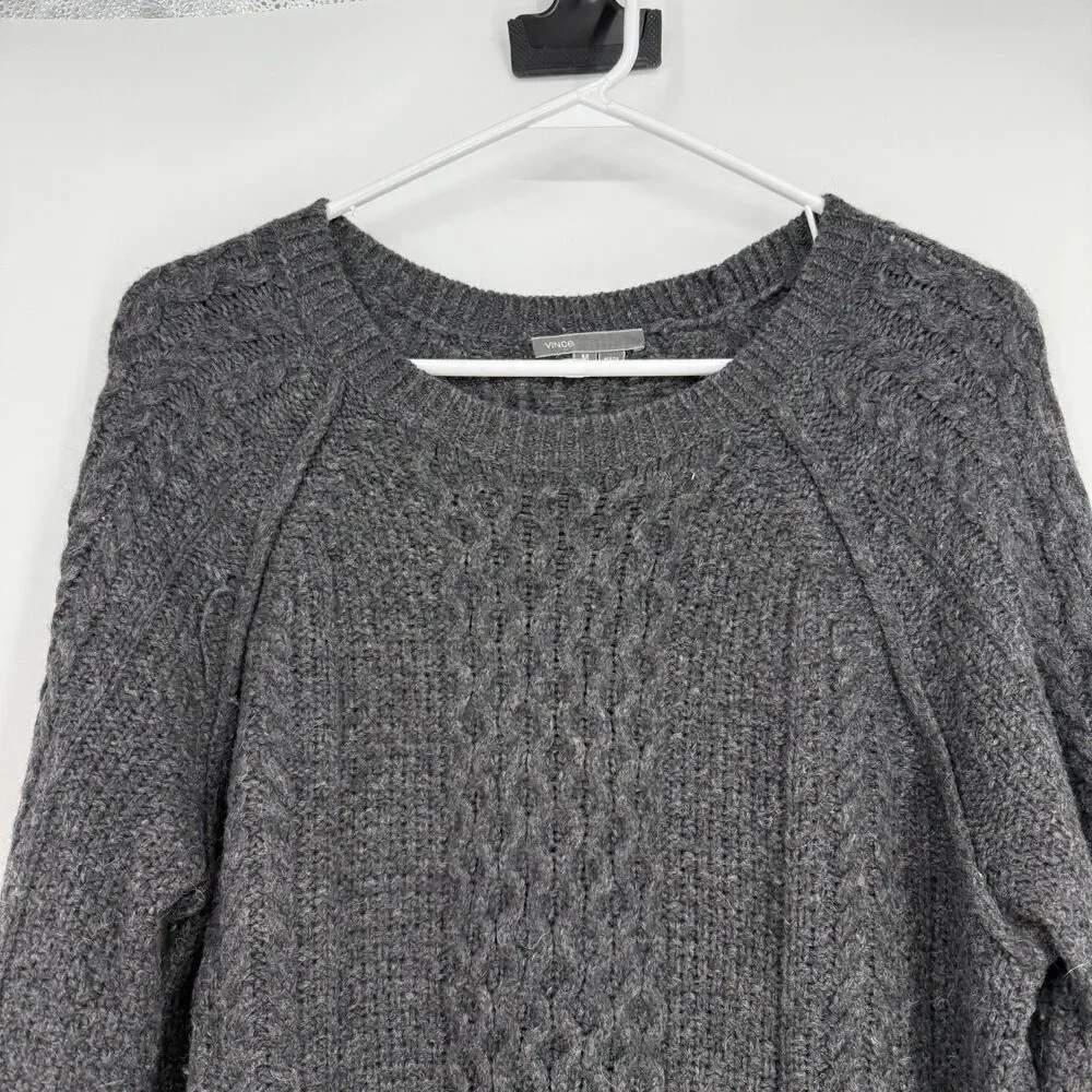 Vince Sweater Gray Cable Knit Wool Alpaca Pullover Cabincore Fisherman Womens M - Picture 2 of 11